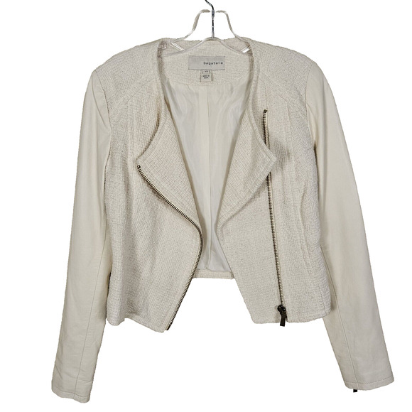 Anthropologie Bagatelle Leather Moto Jacket Size XS Cream Cotton Full Zip Tweed - Picture 1 of 11